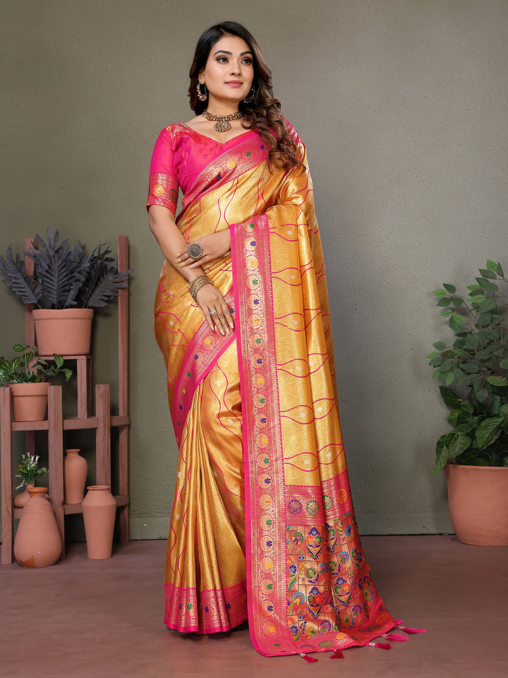 Yellow-Red Vasant Banarasi Tissue Silk Saree With Laheriya Woven Borders & Contrast Banarasi Pallu