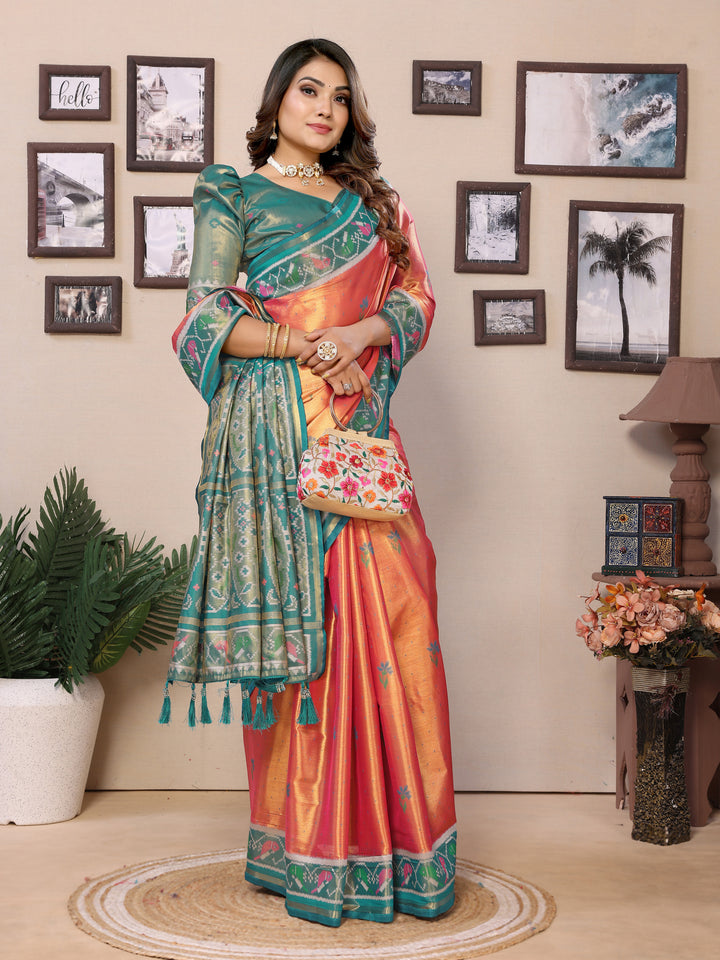 Orange Surekha Banarasi Silk Saree With Contrast Patola Woven Borders & Pallu