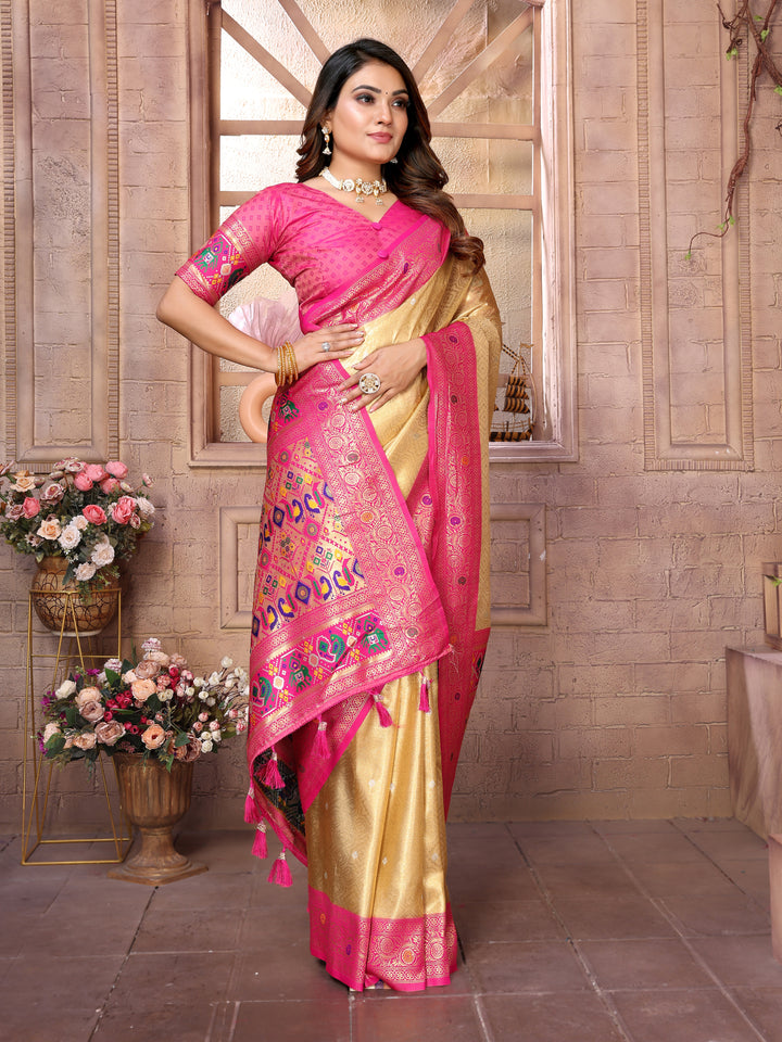 Beige-Pink Vimala Banarasi Silk Saree With Contrast Paithani Woven Borders & Pallu