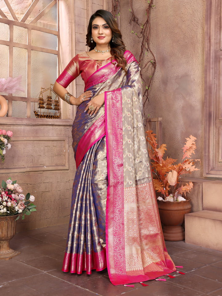 Blue Vanita Tissue Silk Saree Zari Designs and Contrast Zari Borders & Rich Pallu