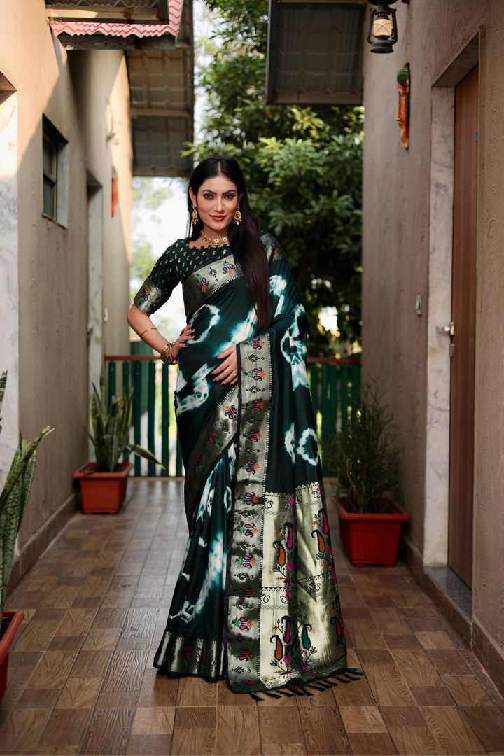 Green Vatika Sibori Print Paithani Silk Sarees With Gold Zari Paithani Border & Contrast Rich Pallu