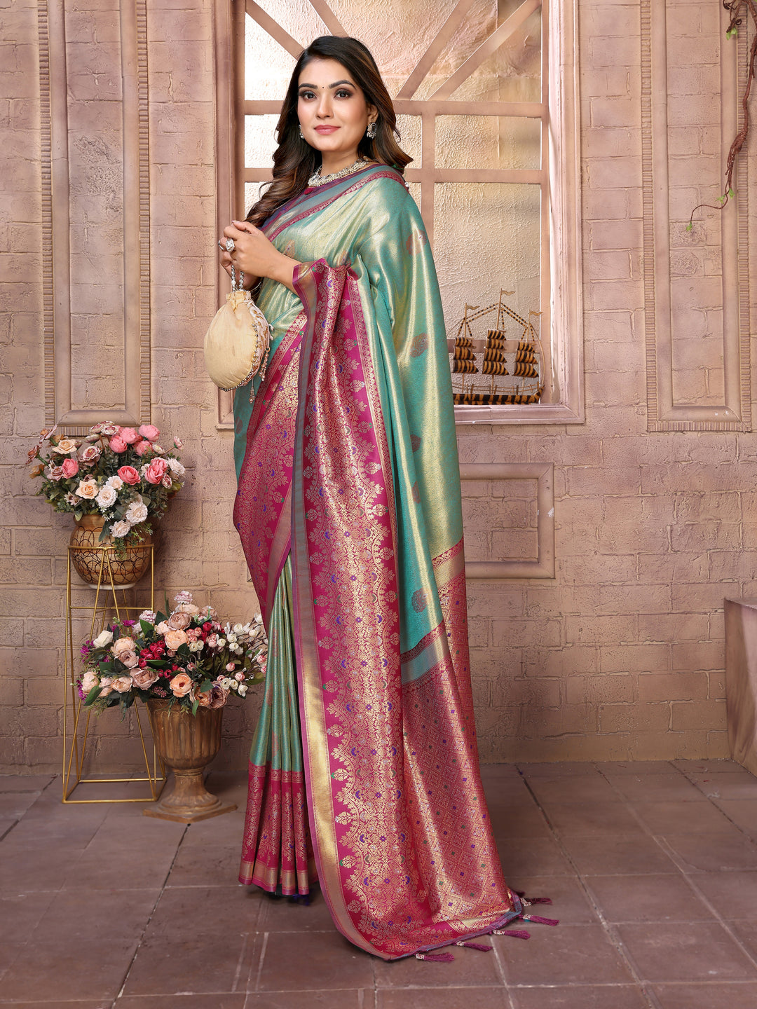 Rama Sundari Banarasi Tissue Silk Saree With Contrast Banarasi Woven Borders & Pallu