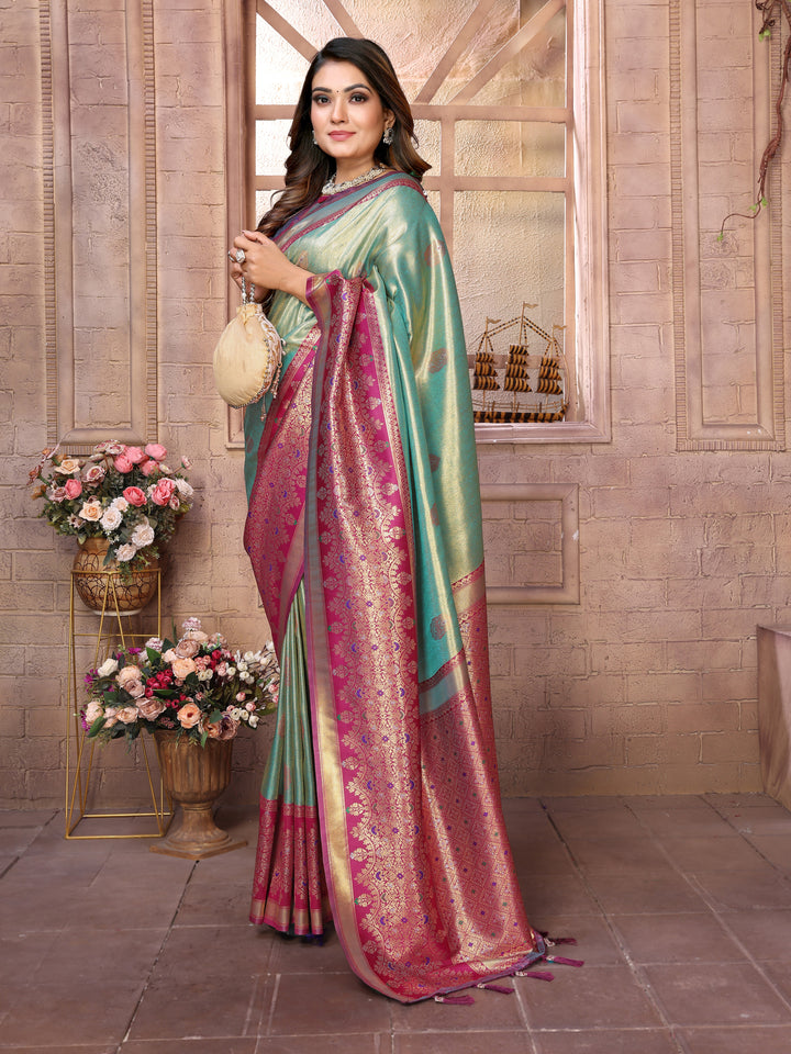 Rama Sundari Banarasi Tissue Silk Saree With Contrast Banarasi Woven Borders & Pallu