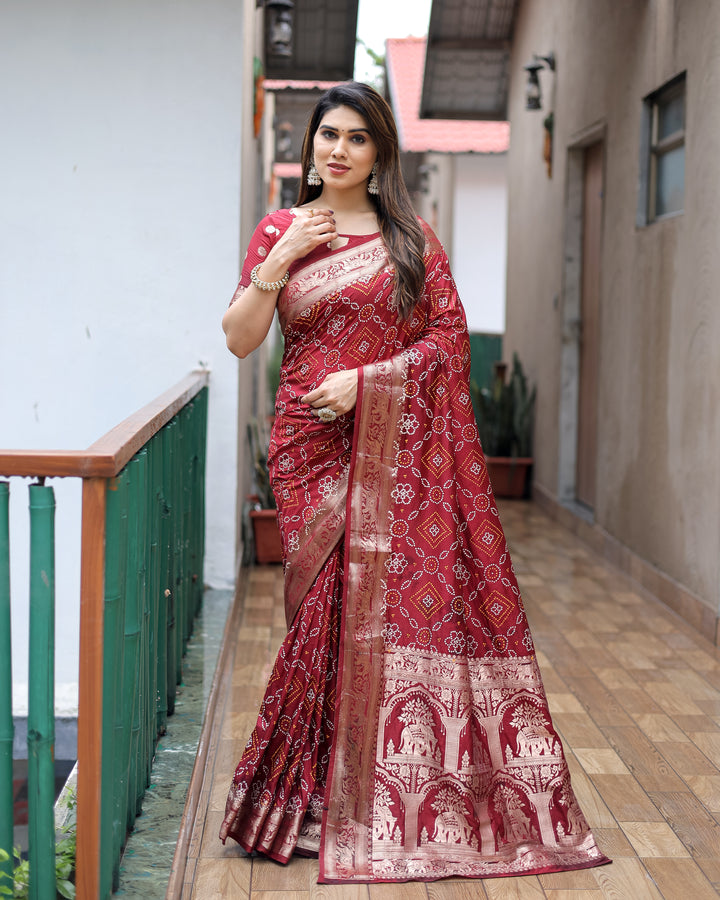 Maroon Pushpavati Soft Dola Silk Bandhej Sarees With Kanchi Weaving Border With Multicolour Bandhej Block Print Design