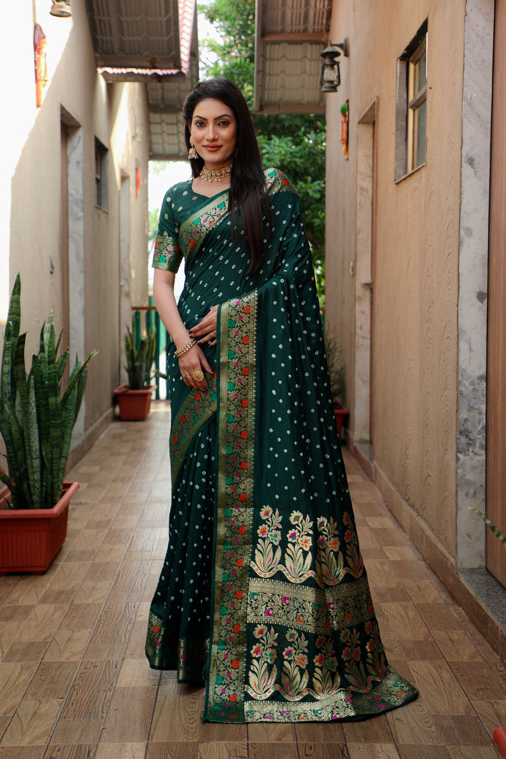 Green Nazakat Pure Bandhej Silk Saree With Patola Border Zari Weaving Paithani And Paithani Rich Pallu