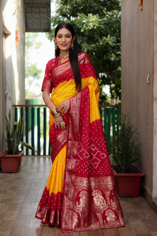 Yellow Vahini Pure Bandhej Silk Saree With Bandhej Border & Zari Weaving Rich Tissue Pallu