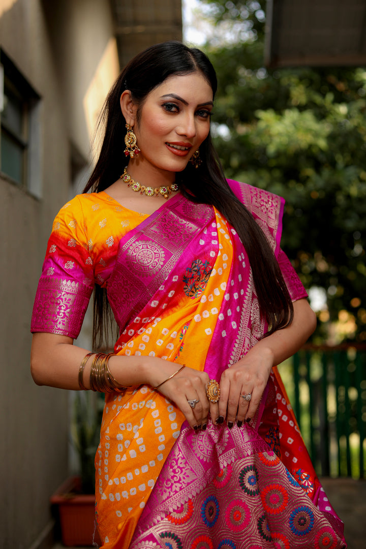 Yellow-Pink Ishani Pure Bandhej Silk Saree Minakari Weaving Butta With Zari