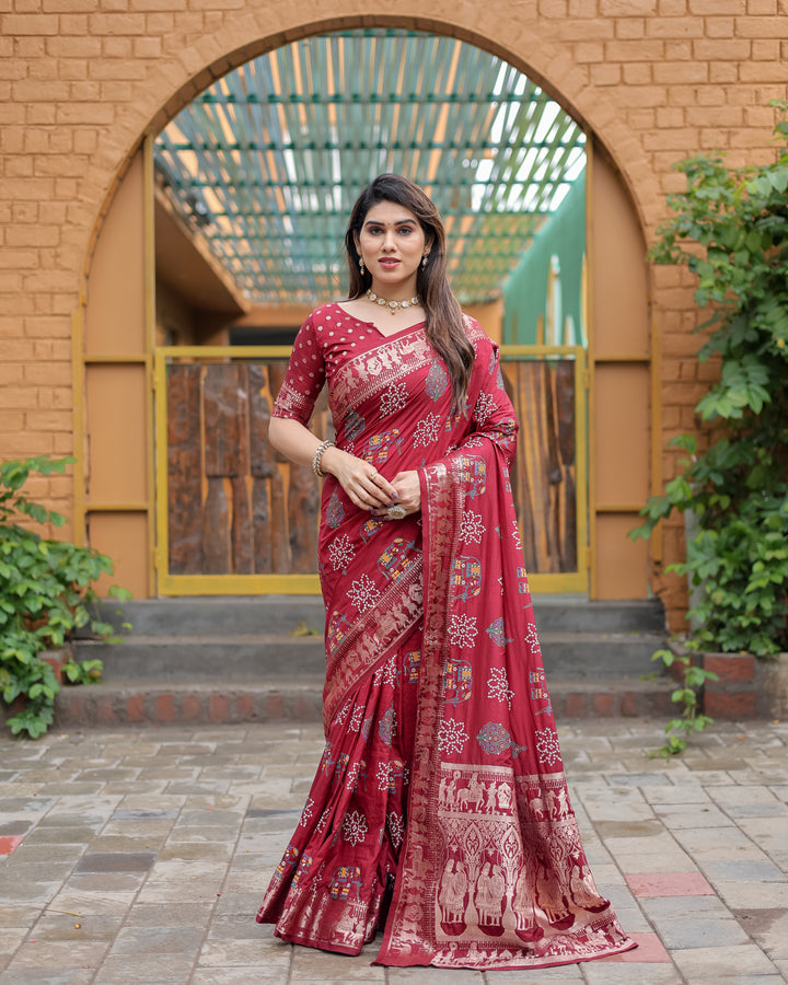 Maroon Mastani Soft Dola Silk Bandhej Print Sarees With Kanchi Weaving Border And Allover Zari Border
