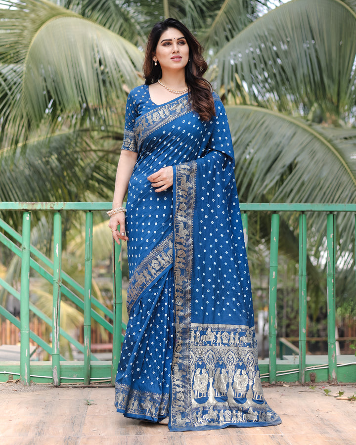 Navy Blue Mausami Pure Bandhej Silk Saree With Zari Weaving Border & Rich Pallu With Beautiful Design And Broad Border