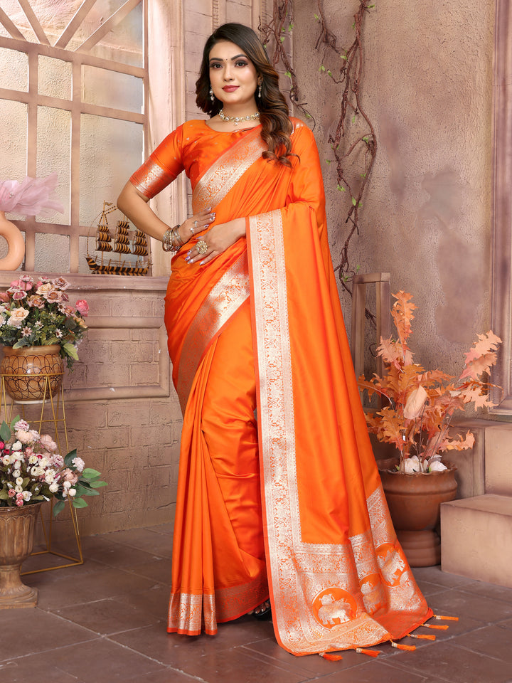 Orange Rani Banarasi silk sarees saree with beautiful Gala weaving exclusive work soft comfy