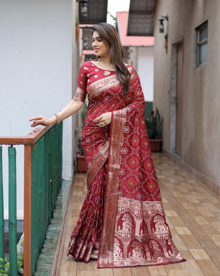 Maroon Pushpavati Soft Dola Silk Bandhej Sarees With Kanchi Weaving Border With Multicolour Bandhej Block Print Design