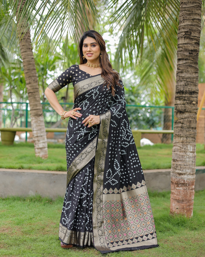 Black Padmavati Dola Soft Silk Bandhej Saree With All Over Handmade Bandhej With Jari Weaving Border