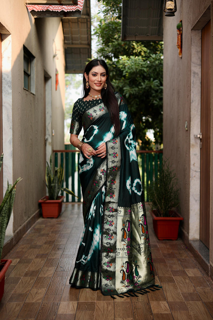 Green Vatika Sibori Print Paithani Silk Sarees With Gold Zari Paithani Border & Contrast Rich Pallu
