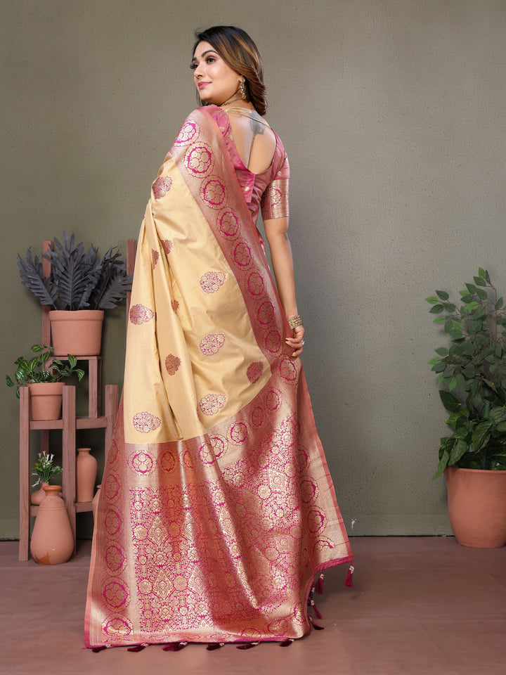 Pink Jugani Viscose Silky Sarees And weaving Butties with contrast border, Rich pallu