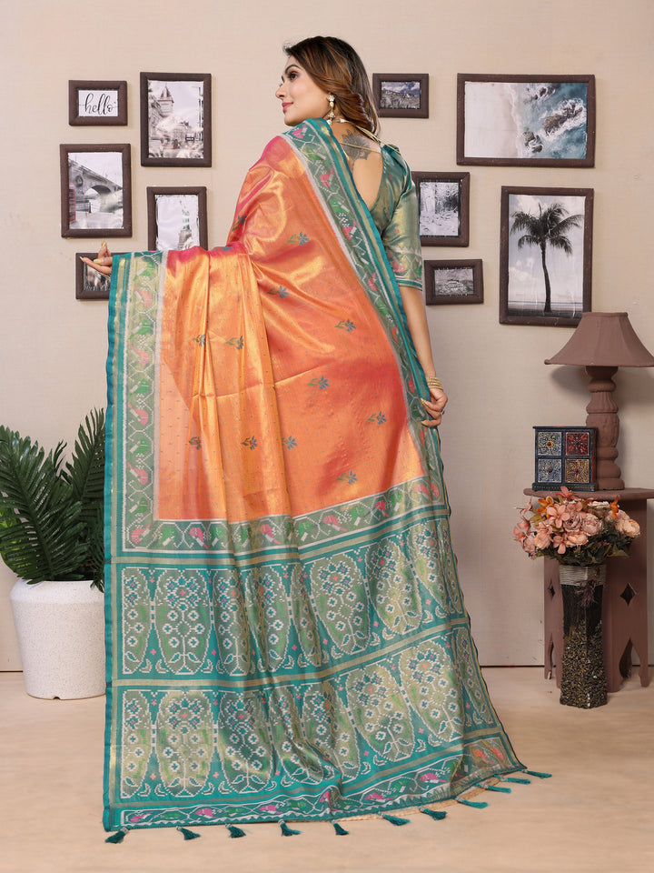 Orange Surekha Banarasi Silk Saree With Contrast Patola Woven Borders & Pallu