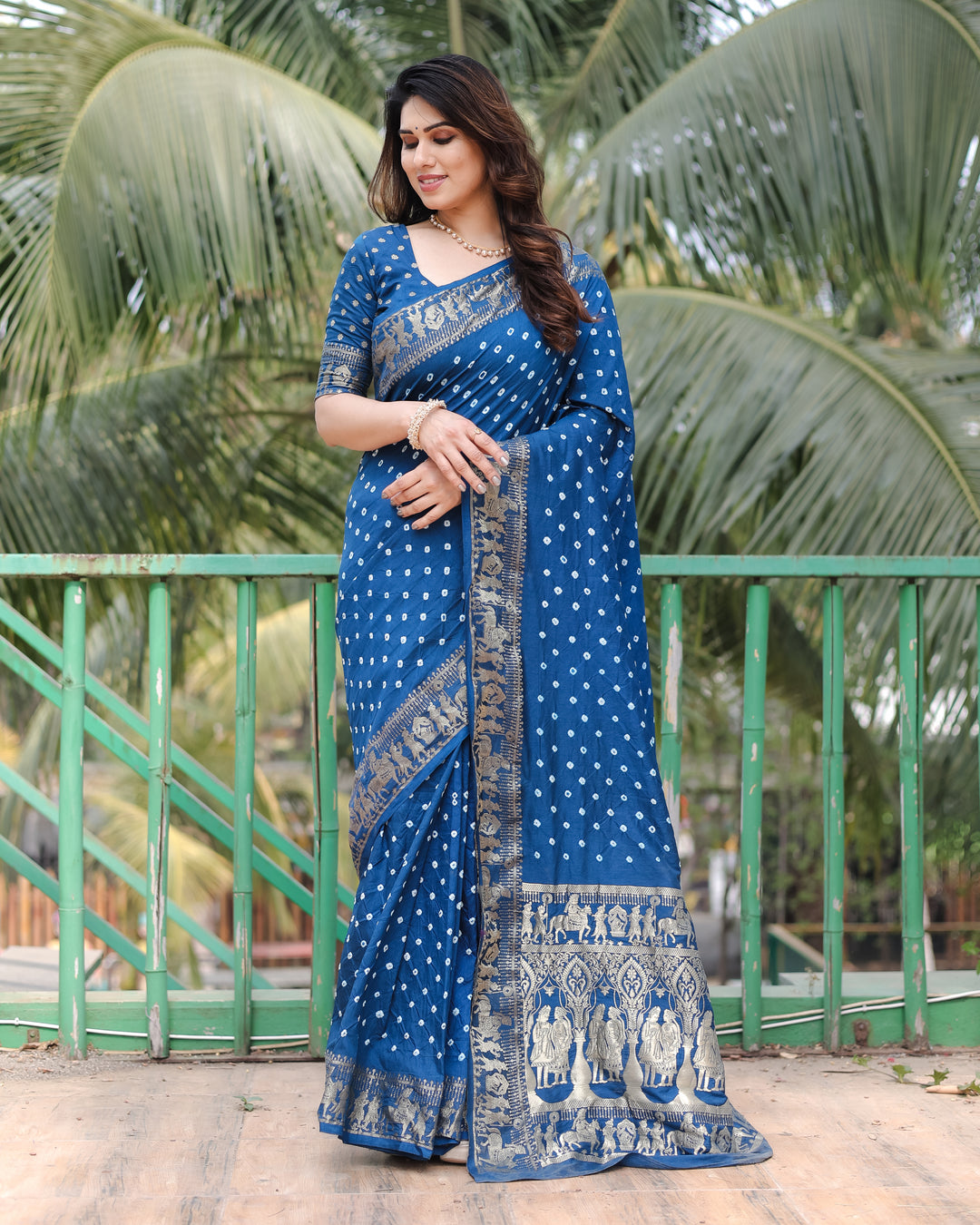 Navy Blue Mausami Pure Bandhej Silk Saree With Zari Weaving Border & Rich Pallu With Beautiful Design And Broad Border