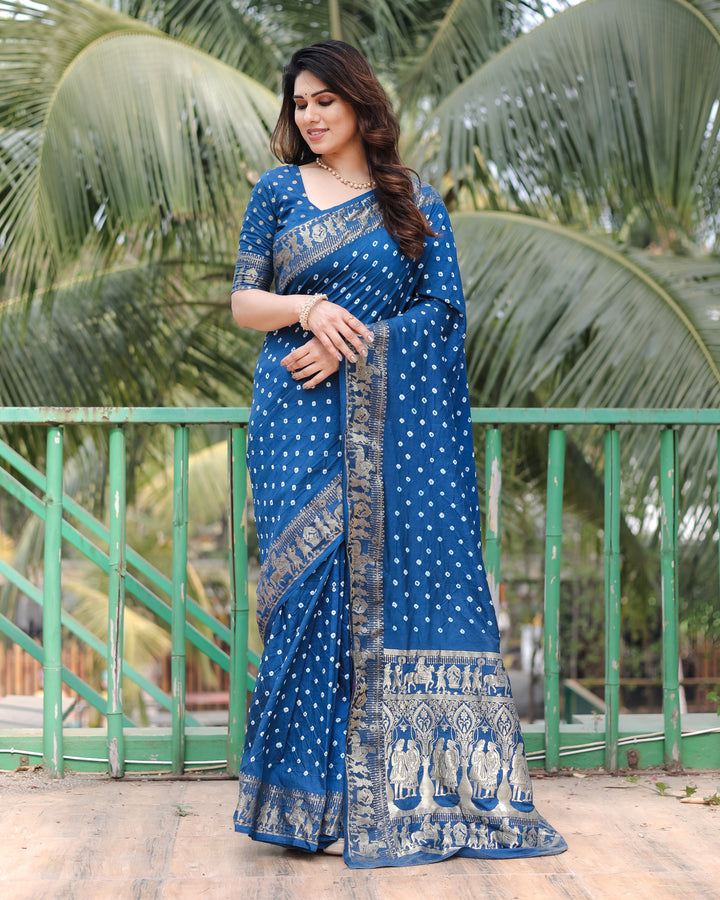 Navy Blue Mausami Pure Bandhej Silk Saree With Zari Weaving Border & Rich Pallu With Beautiful Design And Broad Border