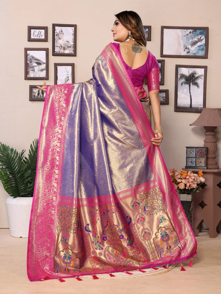 Blue Vantara Banarasi Tissue Silk Saree With Contrast Paithani Woven Borders & Pallu