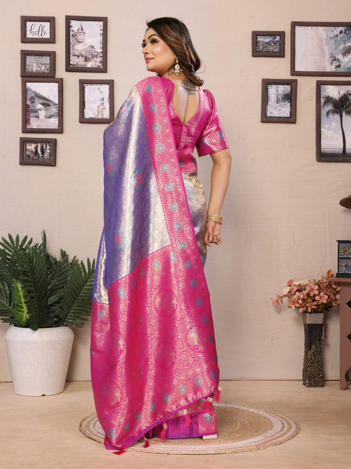Blue Saroj Banarasi Silk Saree With Contrast Paithani Woven Borders & Pallu