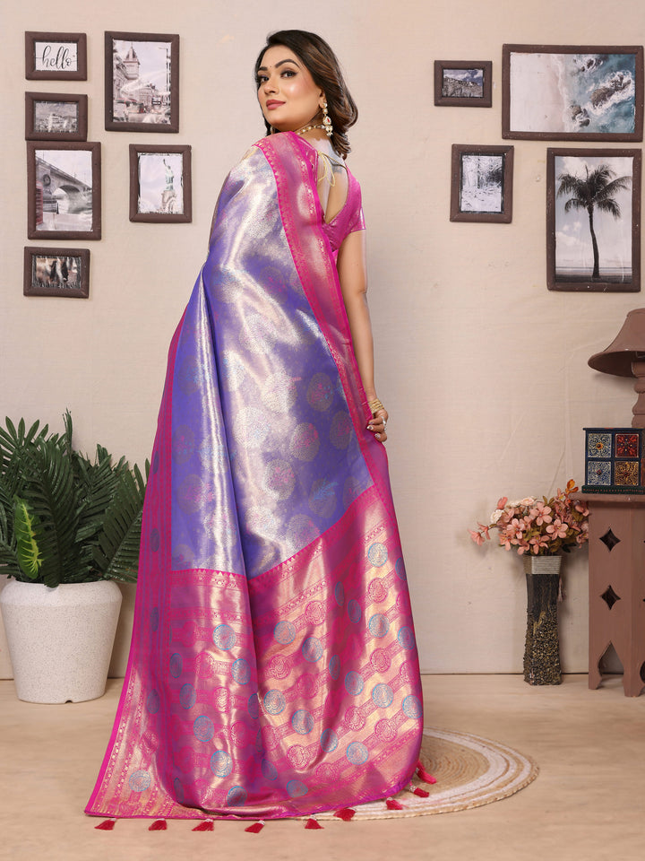 Purple Sonali Banarasi Silk Saree With Contrast Paithani Woven Borders & Pallu