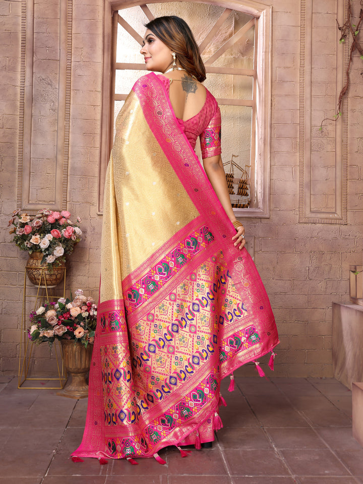 Beige-Pink Vimala Banarasi Silk Saree With Contrast Paithani Woven Borders & Pallu