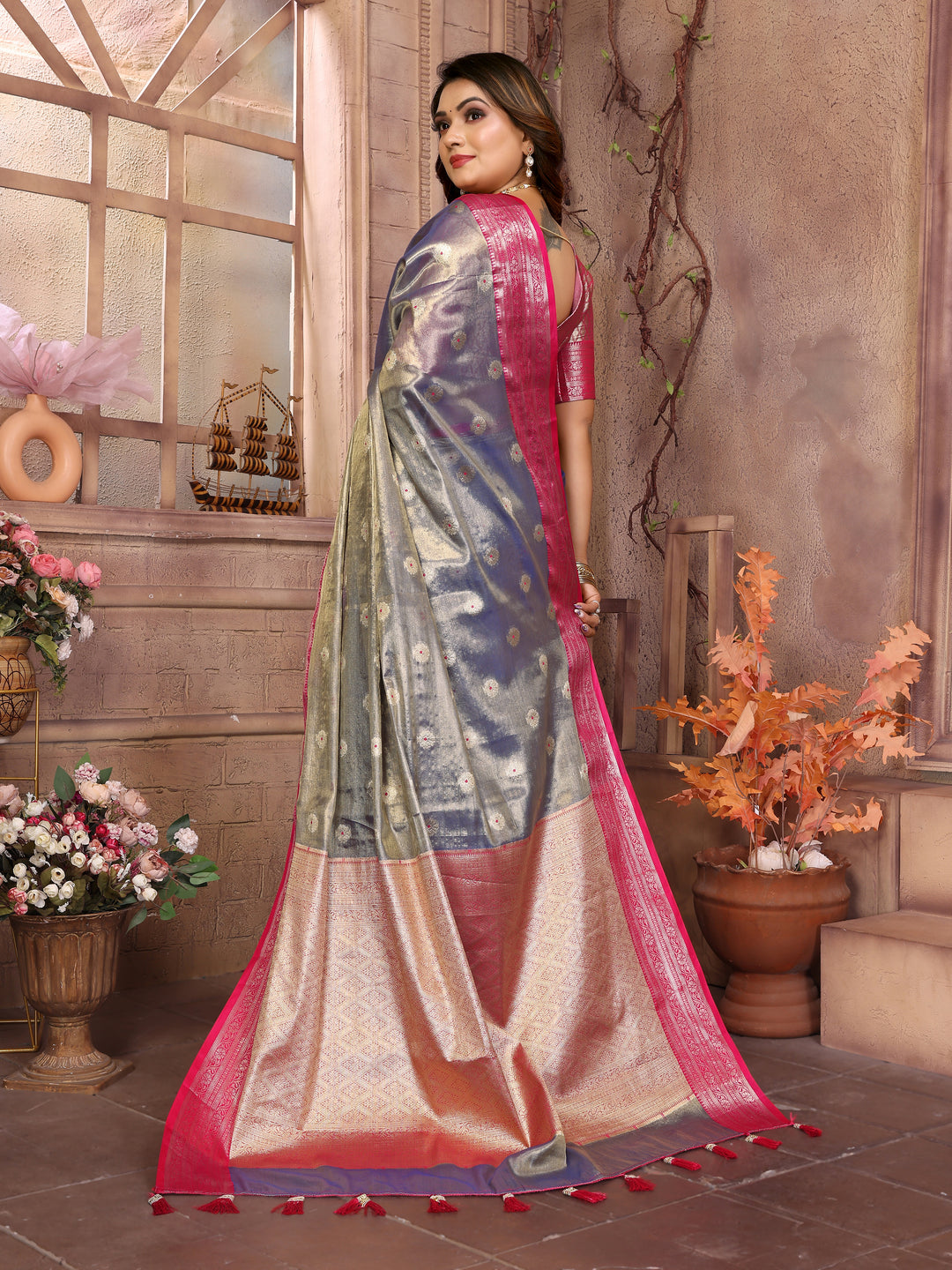 Gray Anita Handloom Tissue Silk Sarees with Zari Weaving Designs and Zari borders Rich Pallu