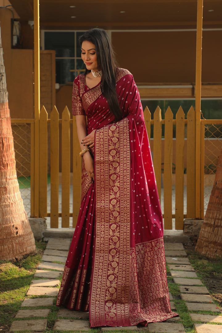 Wine Toral Bandhej Kanjivaram Silk Saree Kanjivaram Border With Zari Weaving Rich Pallu