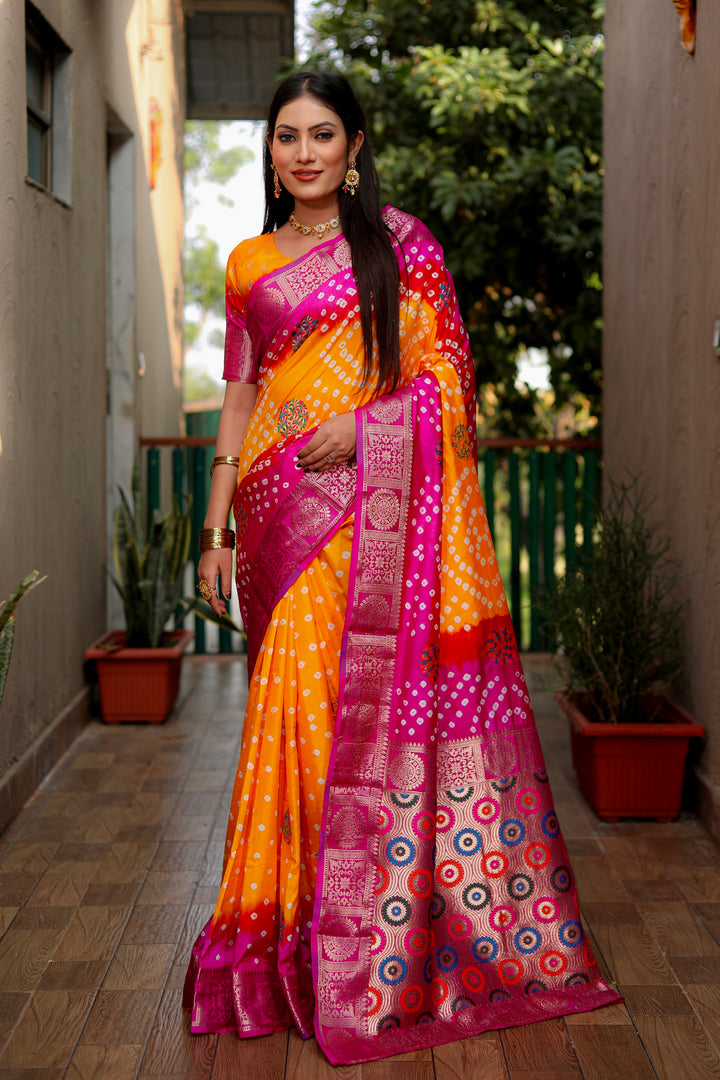 Yellow-Pink Ishani Pure Bandhej Silk Saree Minakari Weaving Butta With Zari