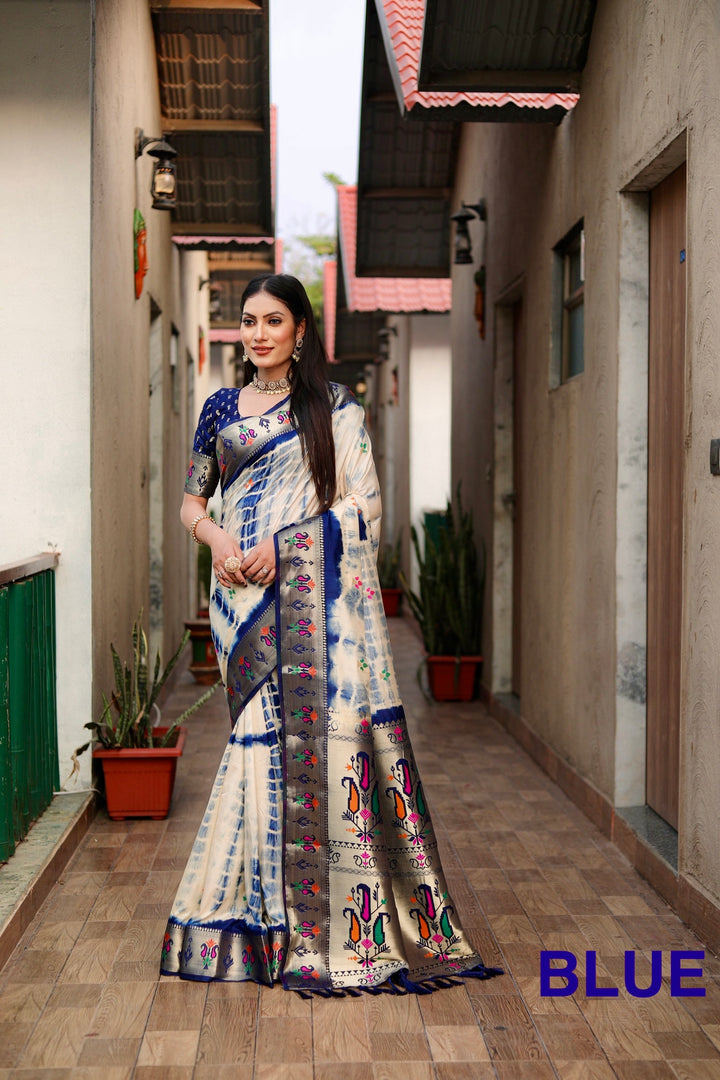 Blue Poonam Sibori Print Paithani Silk Sarees With Gold Zari Paithani Border & Contrast Rich Pallu