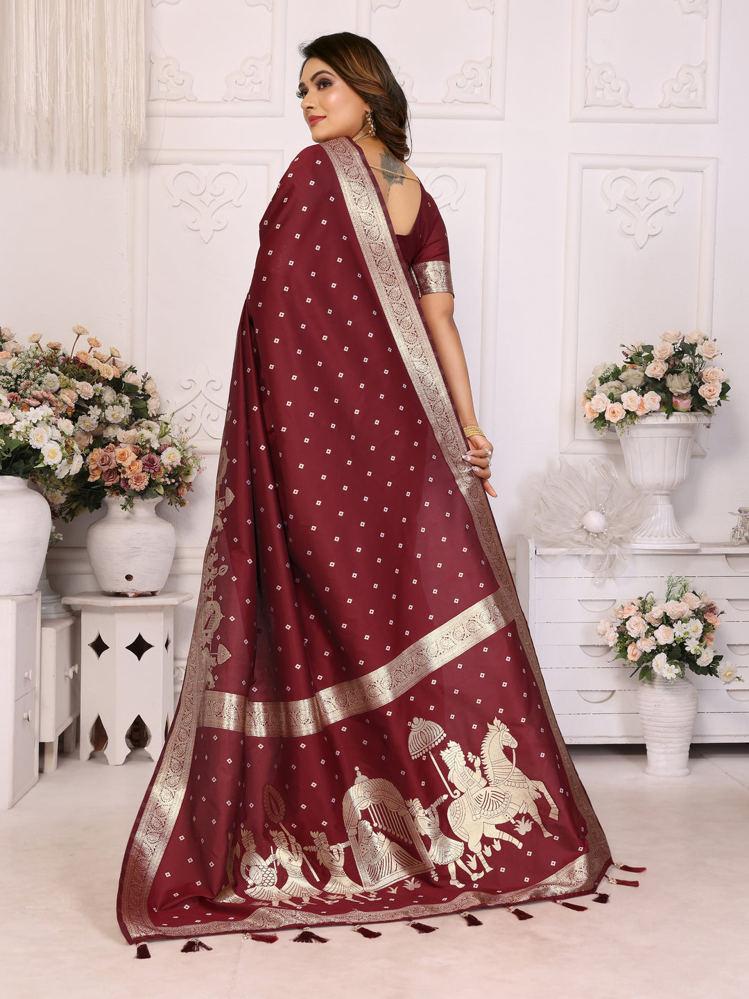 Maroon Heena summer kochi silk saree with beautiful Bandhej weaving work soft comfy....