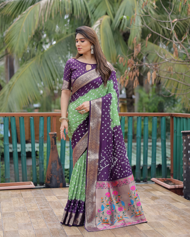 Green Devika Dola Soft Silk Bandhej Sarees Jari Paithani Weaving Border & Weaving Paithani Style Rich Pallu