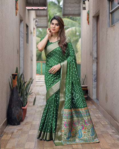Green Yashomati Dola Soft Silk Bandhej Sarees With Awesome Two Sides Jari Border &  Paithani Style Rich Pallu
