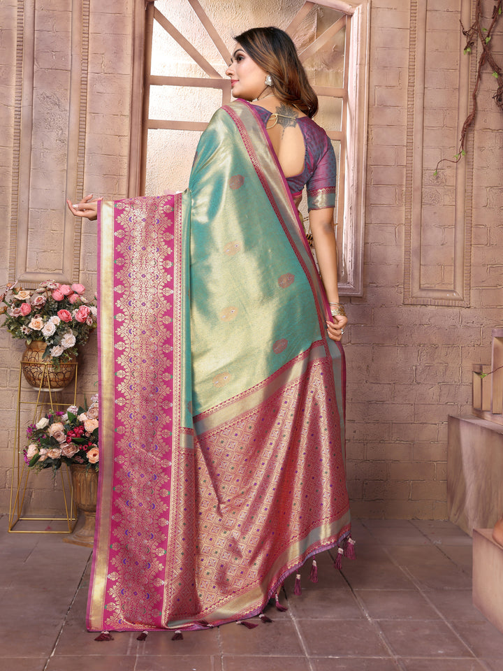 Rama Sundari Banarasi Tissue Silk Saree With Contrast Banarasi Woven Borders & Pallu