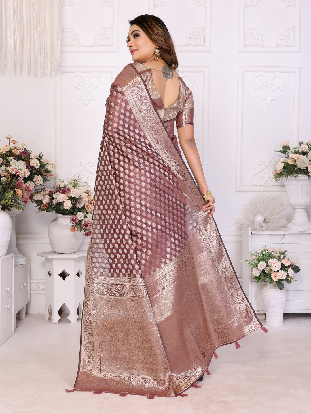 Brown Aruni Soft Organza Silk Banarasi Saree With Unique Butta With Unique Colours