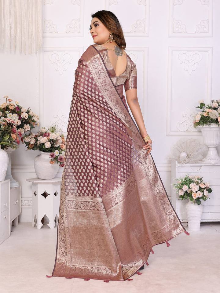 Brown Aruni Soft Organza Silk Banarasi Saree With Unique Butta With Unique Colours