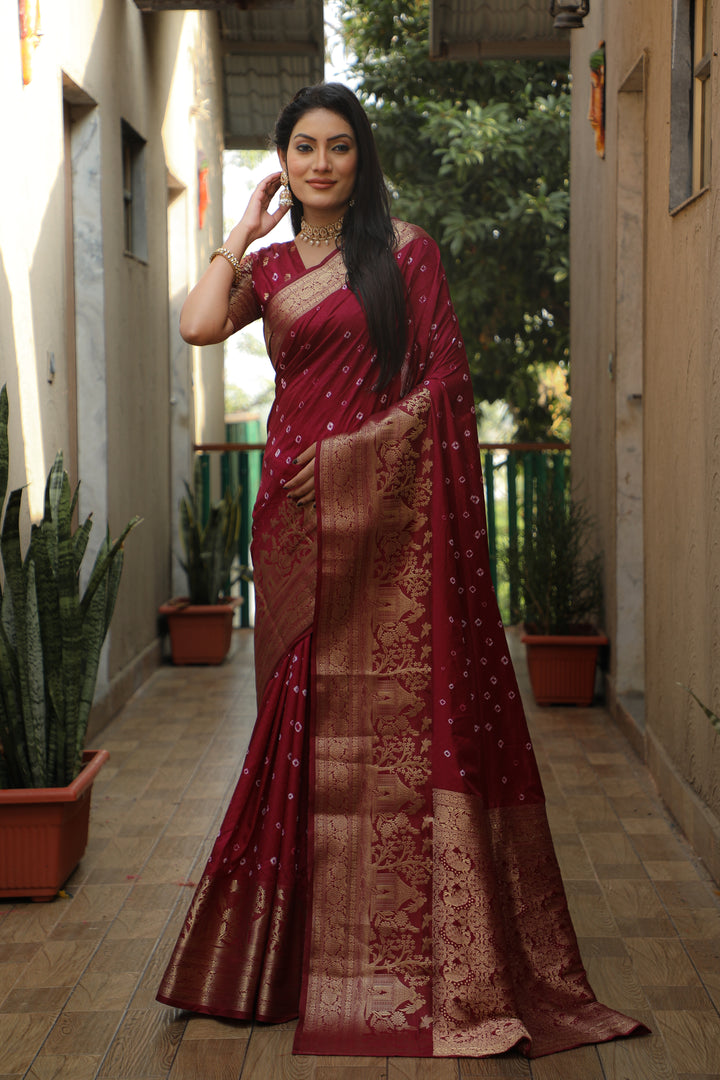 Wine Suvarna-3 Bandhej Kanjivaram silk saree And Kanjivaram Border with Zari Weaving Rich Pallu