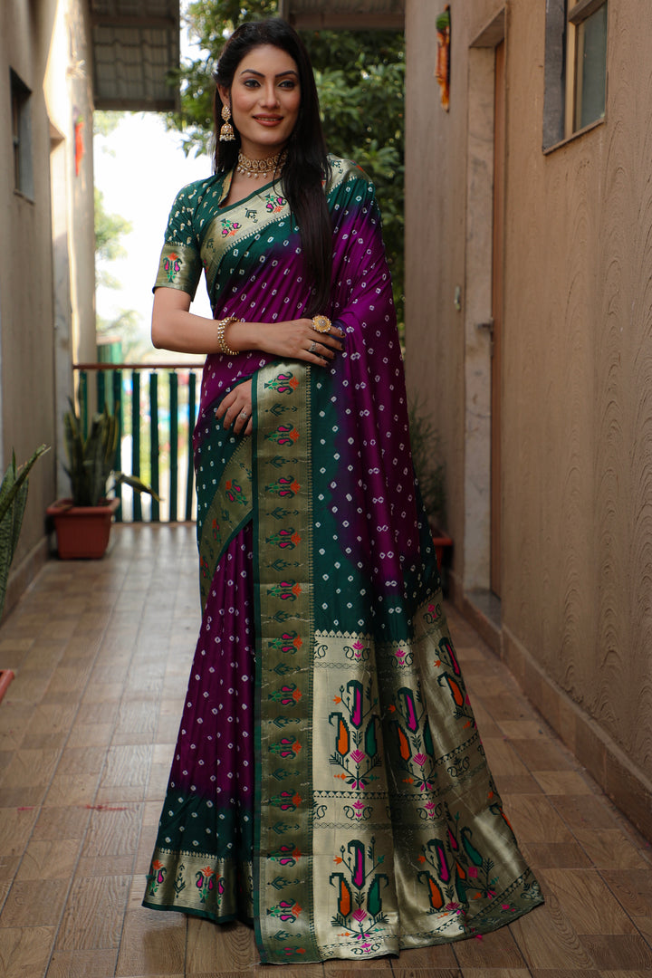 Purple Chandani Dola Soft Silk Bandhej Sarees Jari Paithani Weaving Border & Weaving Paithani Style Rich Pallu