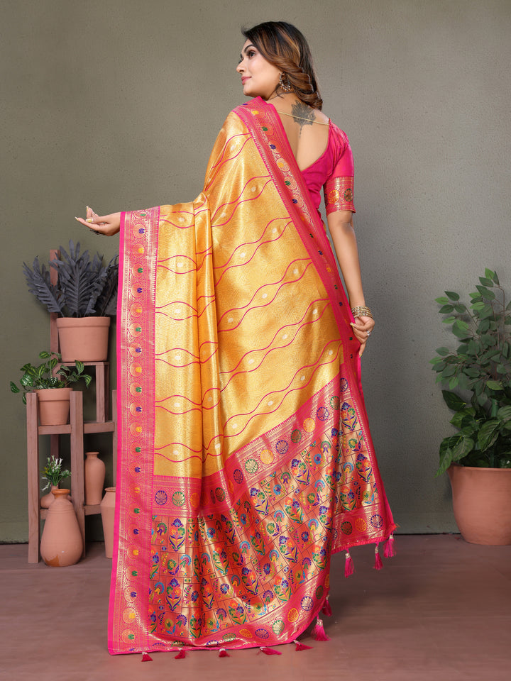 Yellow-Red Vasant Banarasi Tissue Silk Saree With Laheriya Woven Borders & Contrast Banarasi Pallu