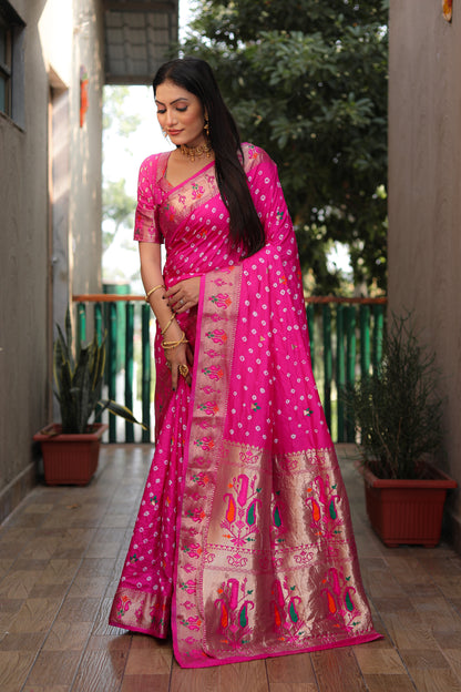 Pink Yogeshwari Dola Soft Silk Bandhej Saree With Jari Border & Weaving Paithani Style Rich Pallu