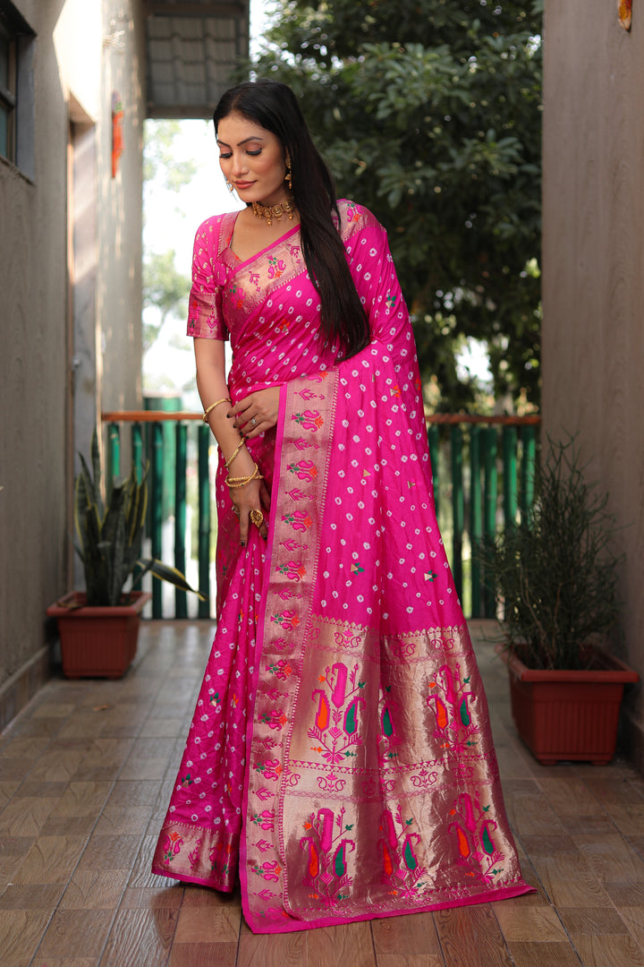 Pink Yogeshwari Dola Soft Silk Bandhej Saree With Jari Border & Weaving Paithani Style Rich Pallu