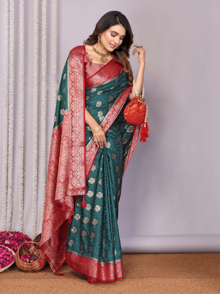 Green Sandhya Satin Silk Sarees With Butta Designs & Contrast Zari Woven Borders