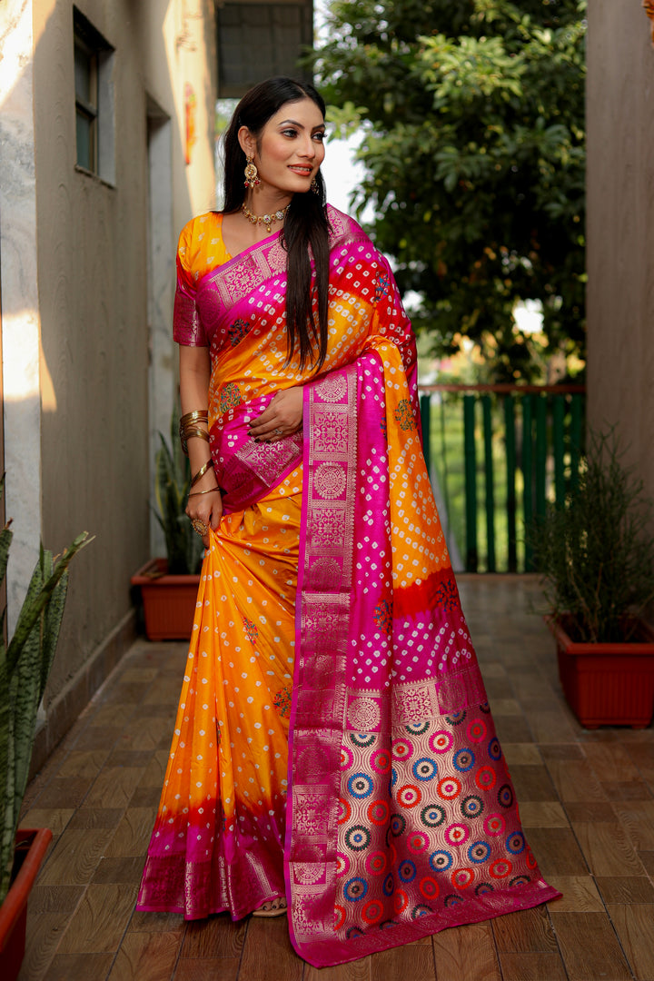 Yellow-Pink Ishani Pure Bandhej Silk Saree Minakari Weaving Butta With Zari