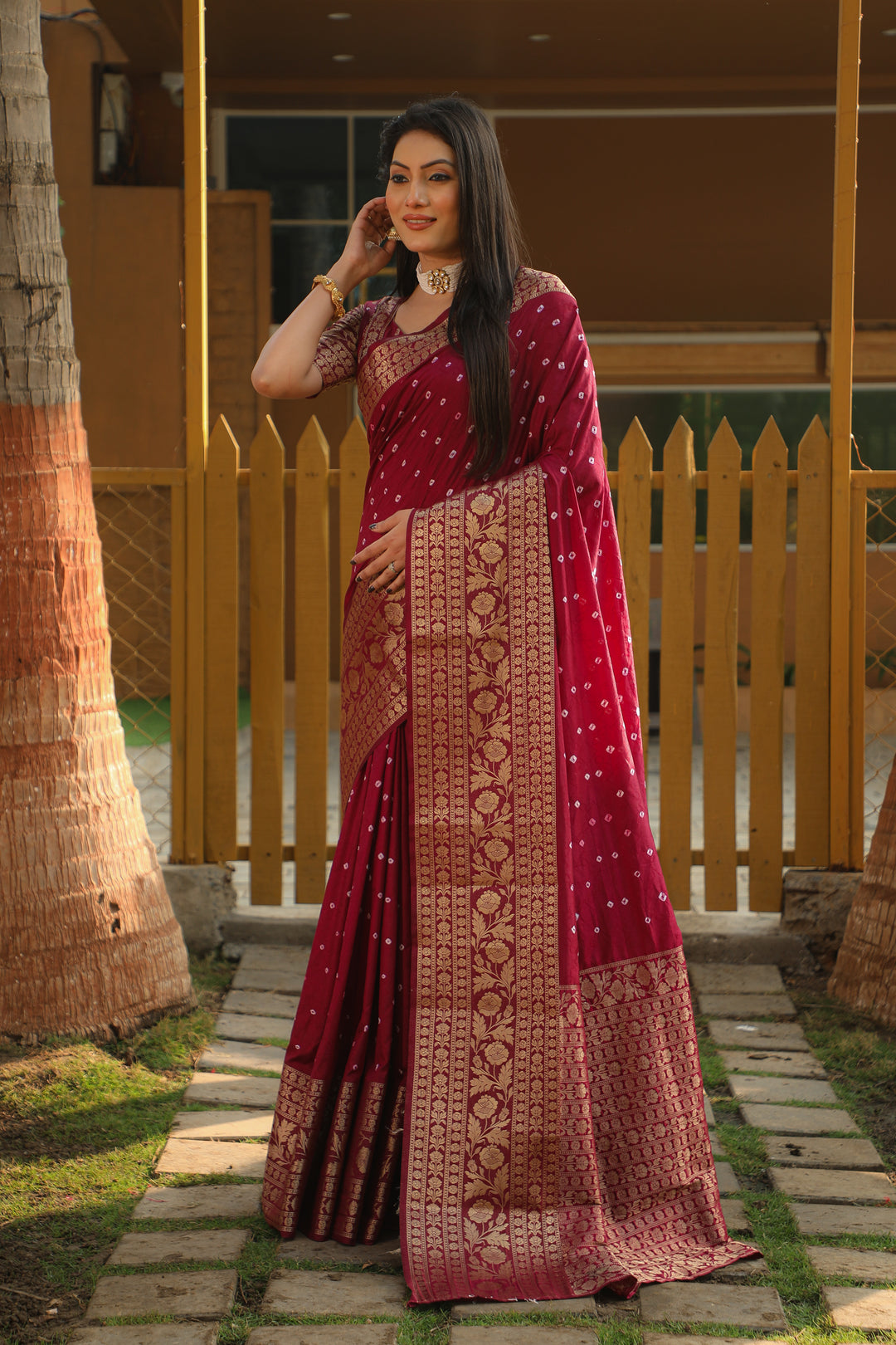 Wine Toral Bandhej Kanjivaram Silk Saree Kanjivaram Border With Zari Weaving Rich Pallu