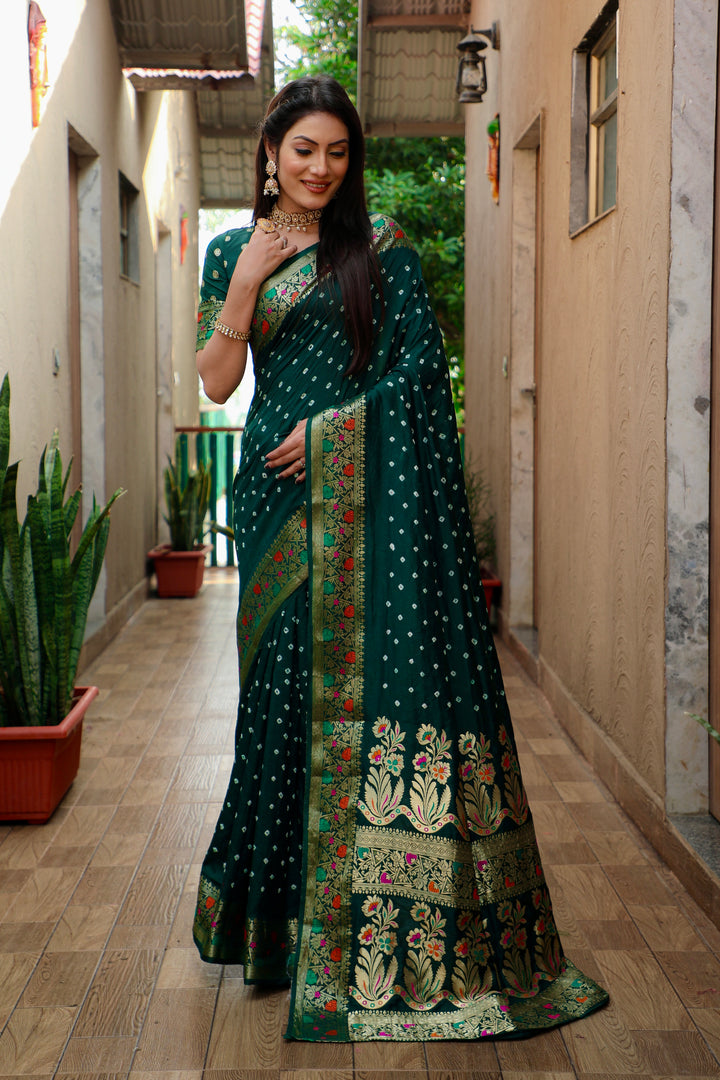 Green Nazakat Pure Bandhej Silk Saree With Patola Border Zari Weaving Paithani And Paithani Rich Pallu