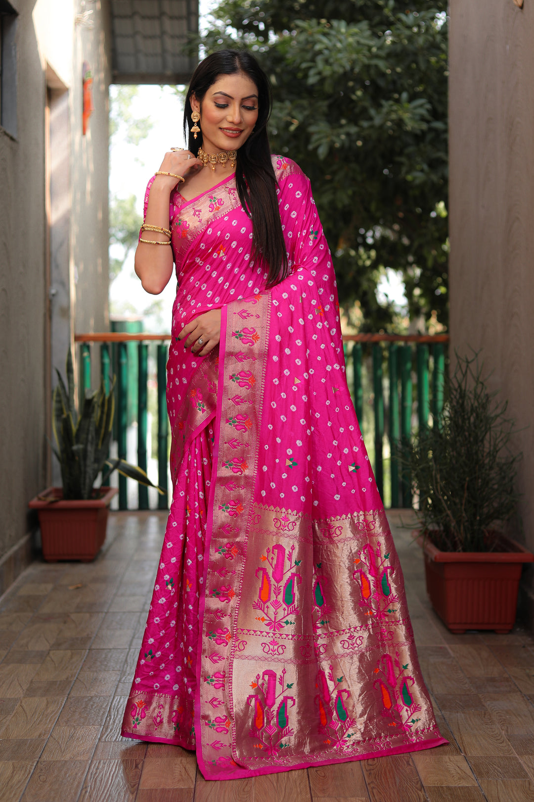 Pink Yogeshwari Dola Soft Silk Bandhej Saree With Jari Border & Weaving Paithani Style Rich Pallu