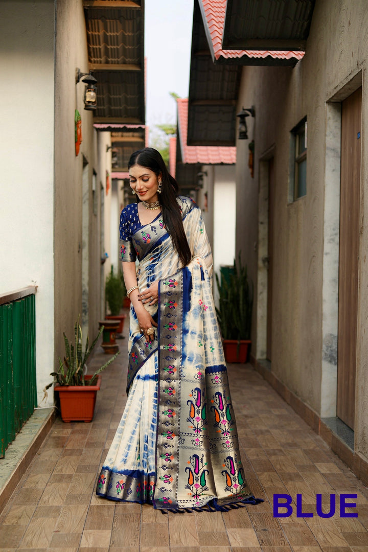 Blue Poonam Sibori Print Paithani Silk Sarees With Gold Zari Paithani Border & Contrast Rich Pallu