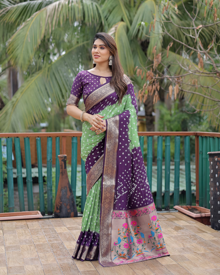Green Devika Dola Soft Silk Bandhej Sarees Jari Paithani Weaving Border & Weaving Paithani Style Rich Pallu