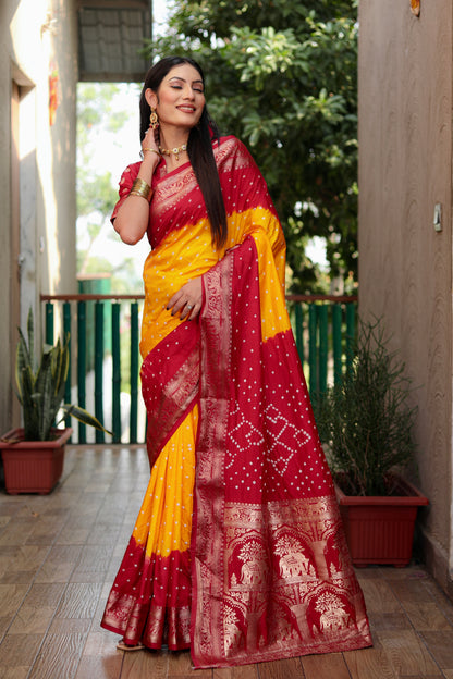 Yellow Vahini Pure Bandhej Silk Saree With Bandhej Border & Zari Weaving Rich Tissue Pallu