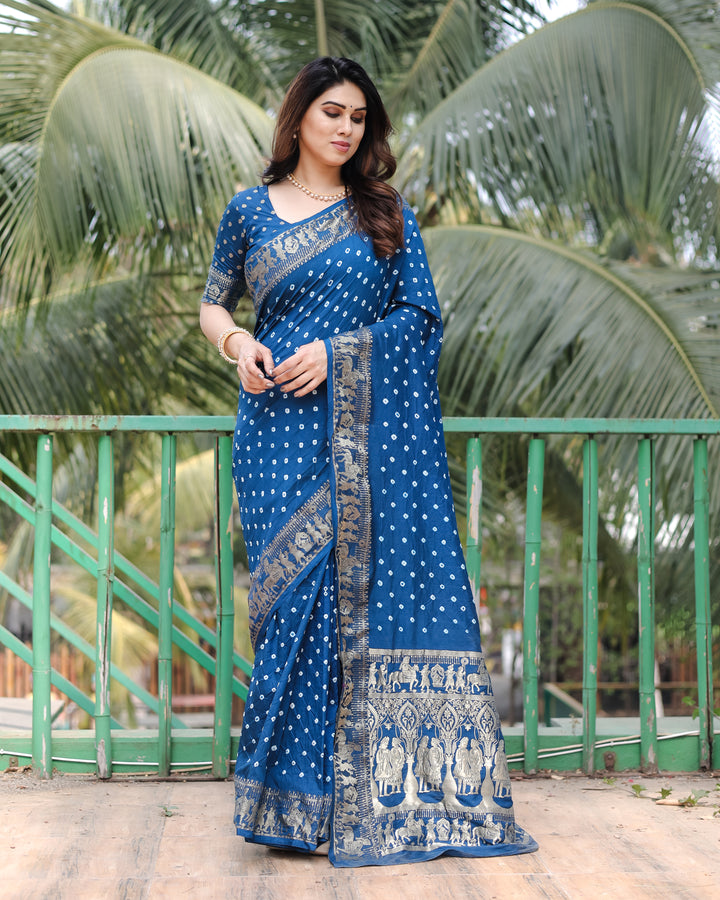 Navy Blue Mausami Pure Bandhej Silk Saree With Zari Weaving Border & Rich Pallu With Beautiful Design And Broad Border