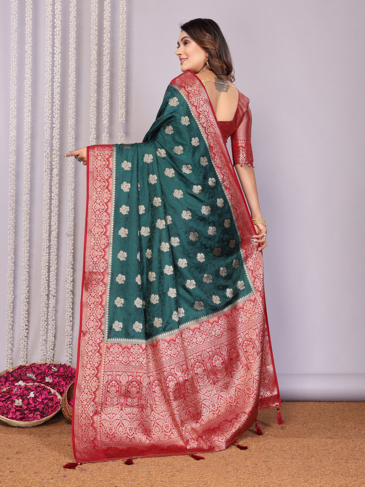Green Sandhya Satin Silk Sarees With Butta Designs & Contrast Zari Woven Borders